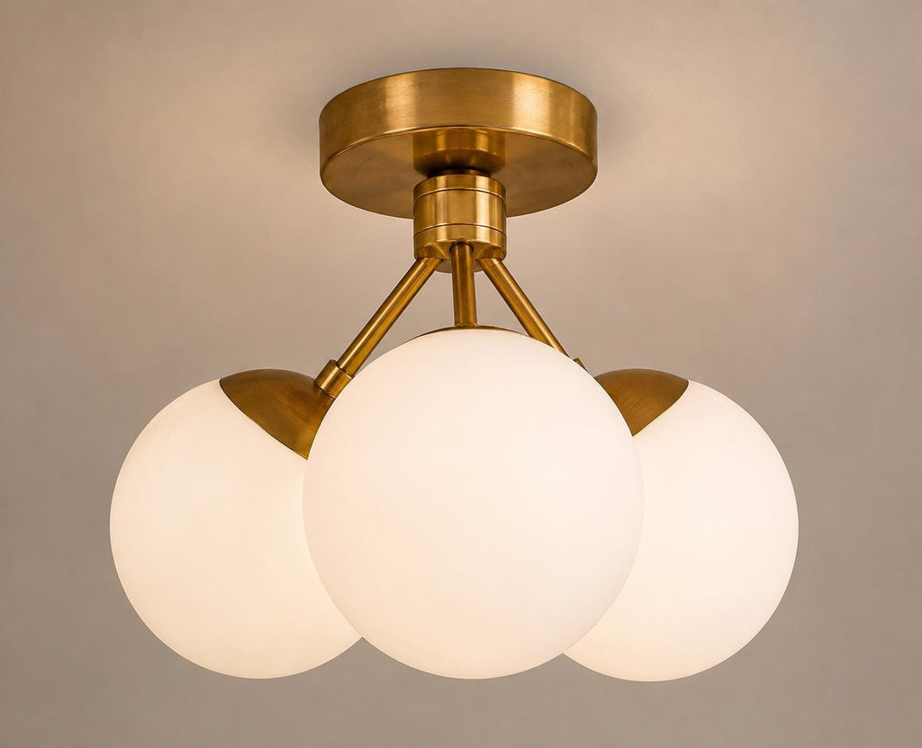 Brass-Tone 3-Globe Semi-Flush Ceiling Light, 14-Inch Width — product photo 1