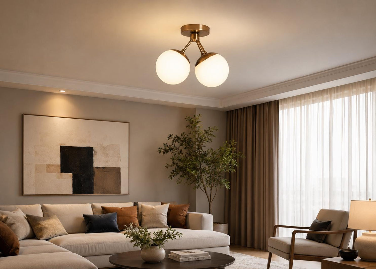 Brass-Tone 3-Globe Semi-Flush Ceiling Light, 14-Inch Width — product photo 3