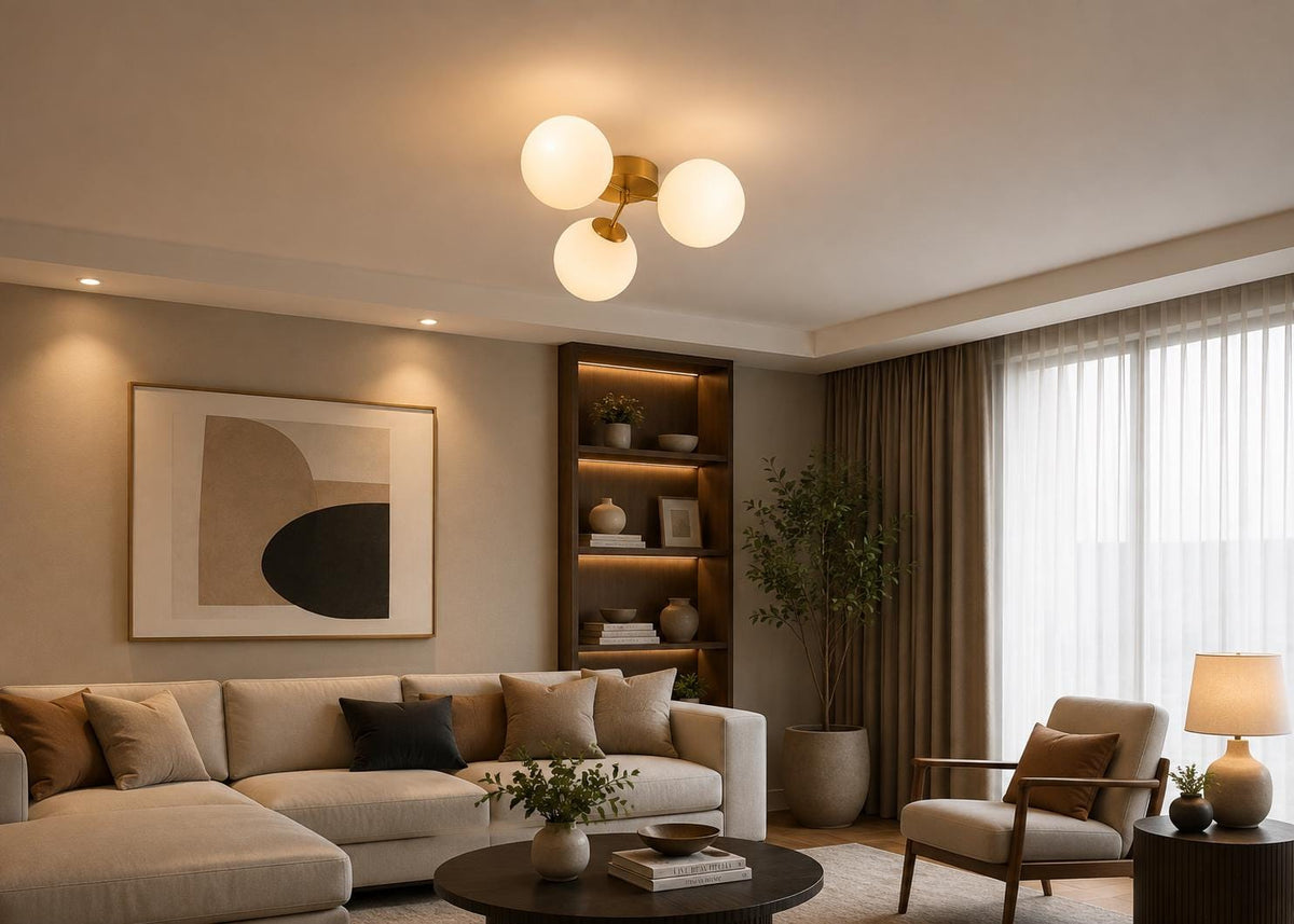Brass-Tone 3-Globe Semi-Flush Ceiling Light, 14-Inch Width — product photo 6