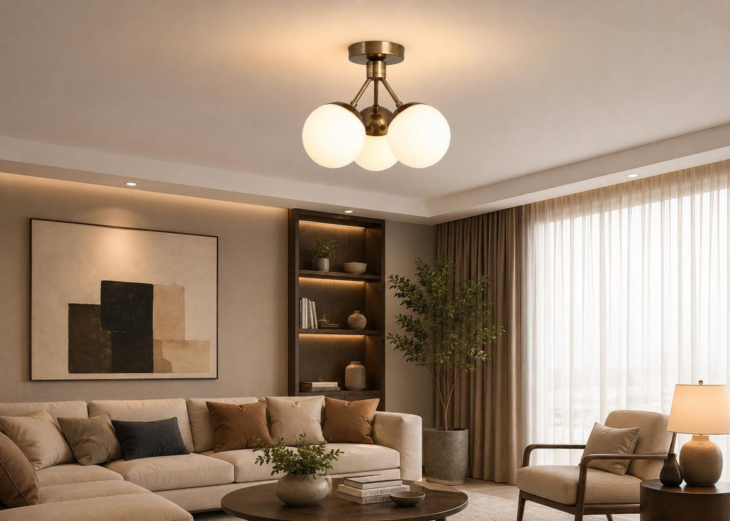 Brass-Tone 3-Globe Semi-Flush Ceiling Light, 14-Inch Width — product photo 4
