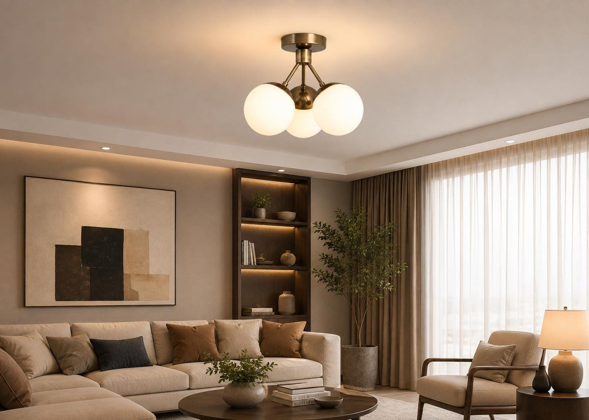 Brass-Tone 3-Globe Semi-Flush Ceiling Light, 14-Inch Width — product photo 4
