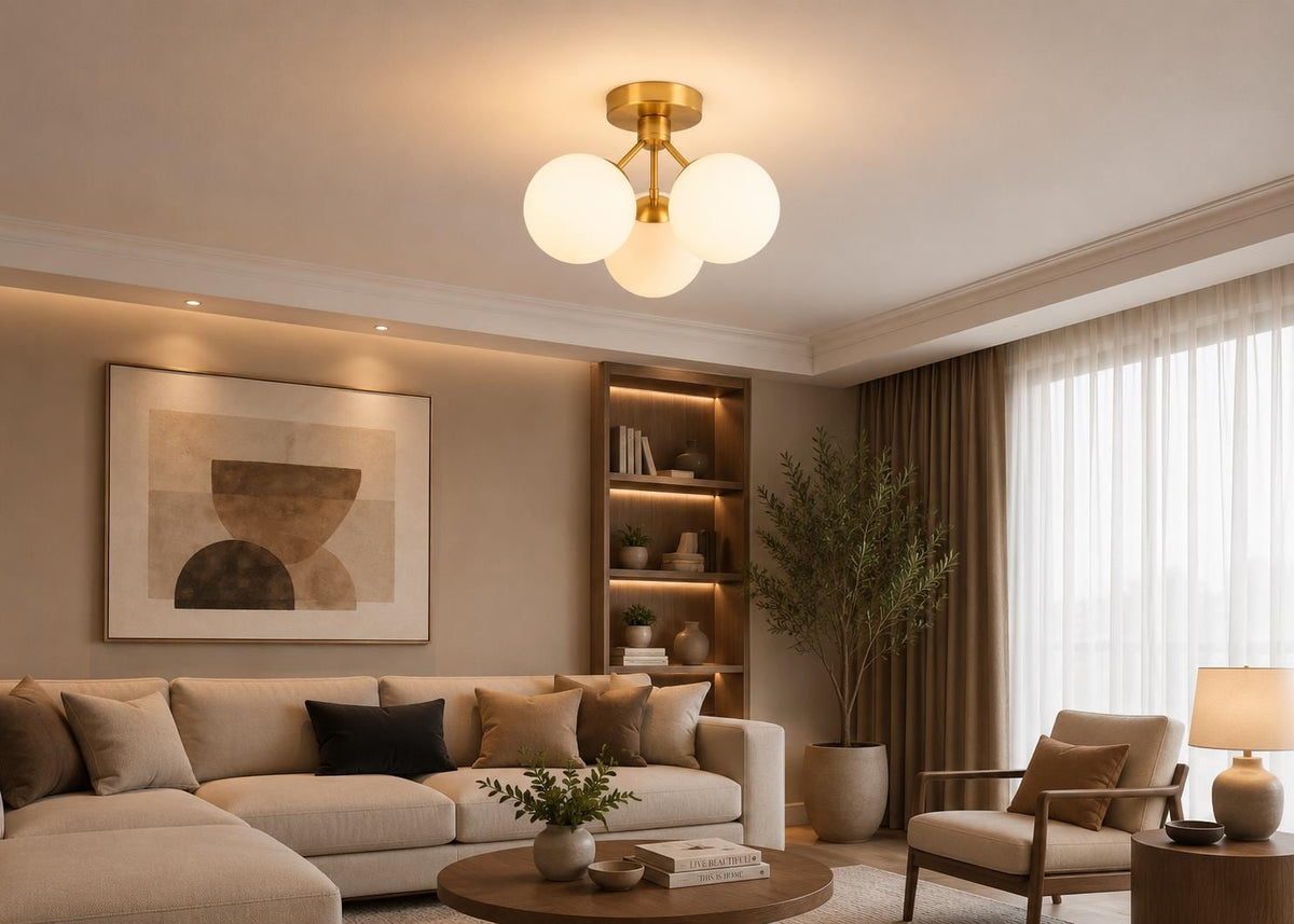 Brass-Tone 3-Globe Semi-Flush Ceiling Light, 14-Inch Width — product photo 5