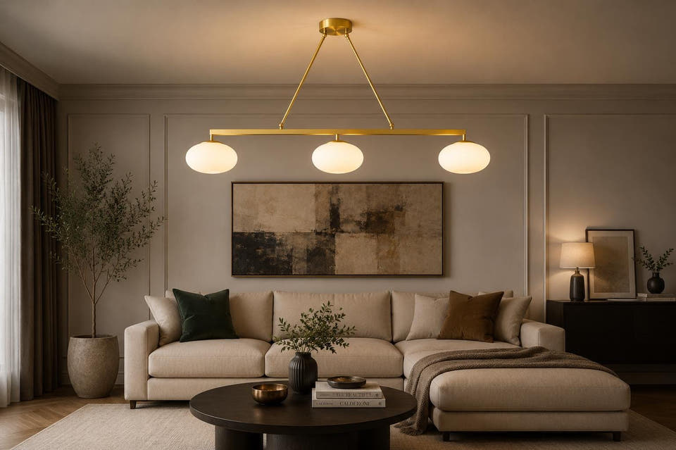 Brass 3-Light Globe Pendant, 48-Inch Linear Ceiling Light — product photo 1