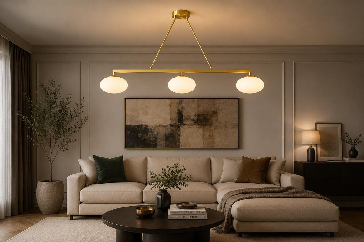 Brass 3-Light Globe Pendant, 48-Inch Linear Ceiling Light — product photo 1