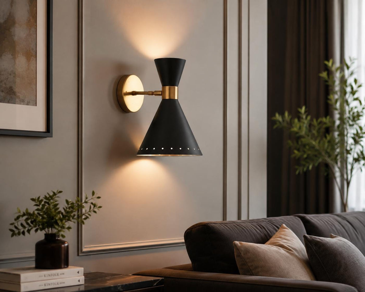 Black and Brass Cone Wall Sconce, Mid-Century Style — product photo 1